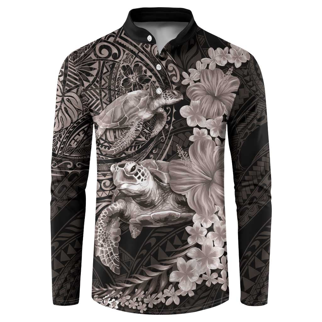 Hawaiian Plumeria and Hibiscus with Turtles Button Sweatshirt Polynesian Art Grayscale - Polynesian Pride