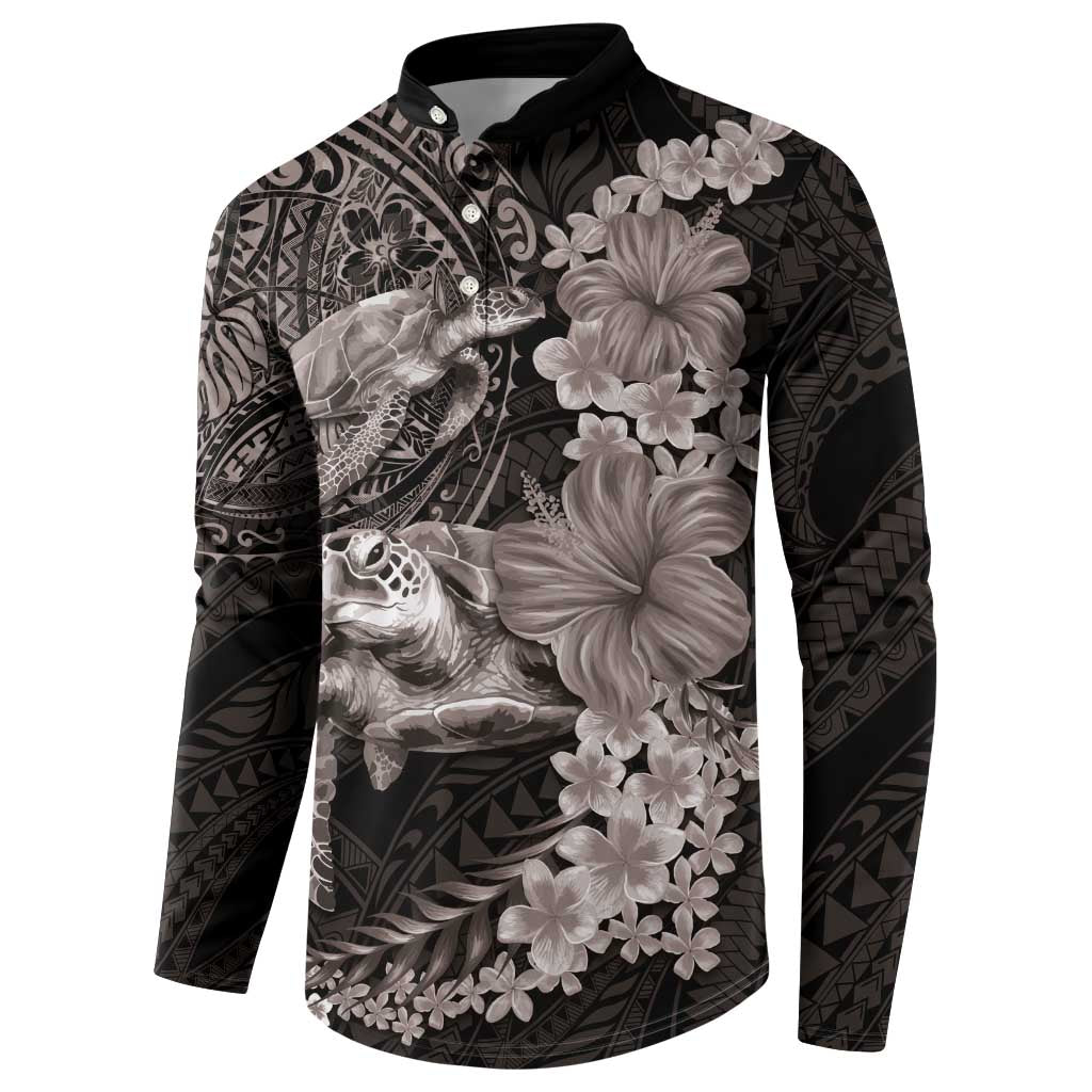 Hawaiian Plumeria and Hibiscus with Turtles Button Sweatshirt Polynesian Art Grayscale - Polynesian Pride