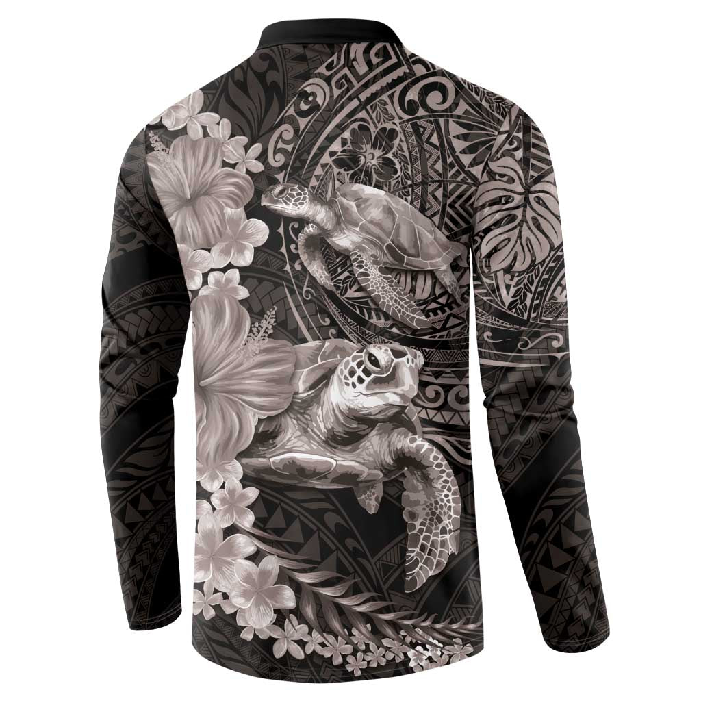 Hawaiian Plumeria and Hibiscus with Turtles Button Sweatshirt Polynesian Art Grayscale - Polynesian Pride