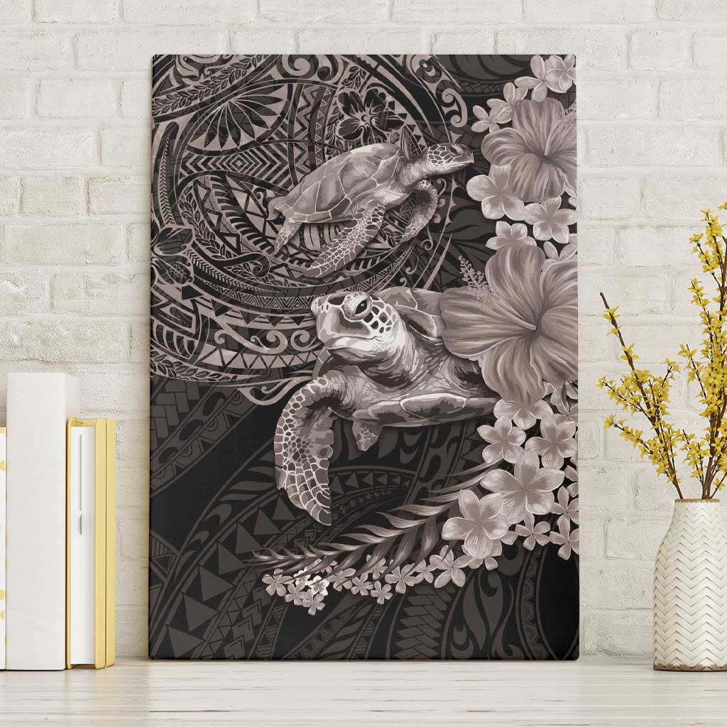 Hawaiian Plumeria and Hibiscus with Turtles Canvas Wall Art Polynesian Art Grayscale - Polynesian Pride