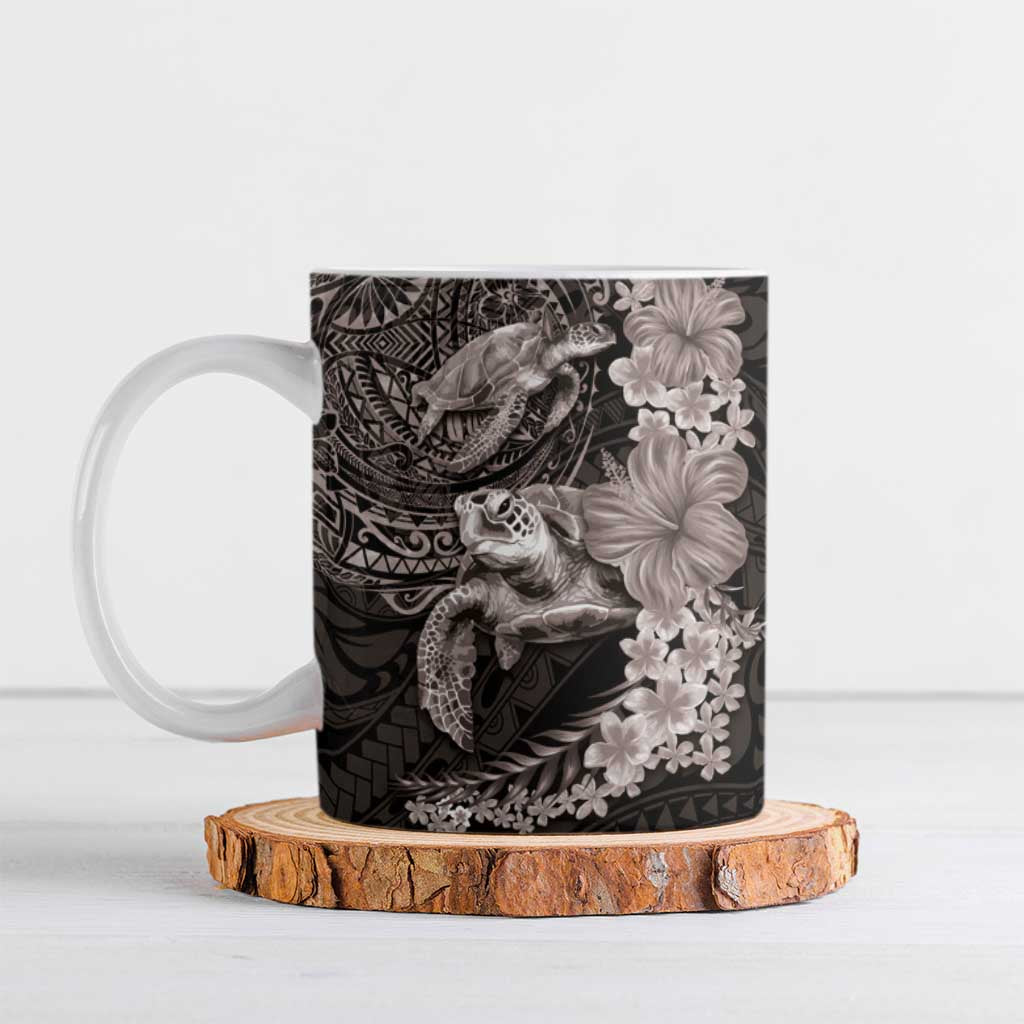 Hawaiian Plumeria and Hibiscus with Turtles Ceramic Mug Polynesian Art Grayscale - Polynesian Pride
