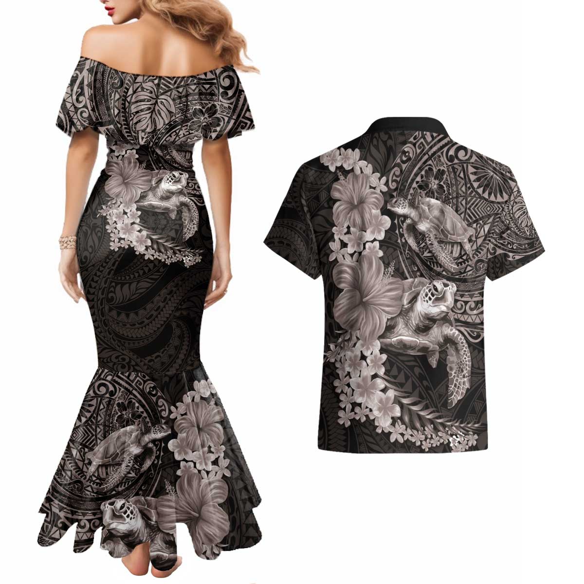 Hawaiian Plumeria and Hibiscus with Turtles Couples Matching Mermaid Dress and Hawaiian Shirt Polynesian Art Grayscale - Polynesian Pride