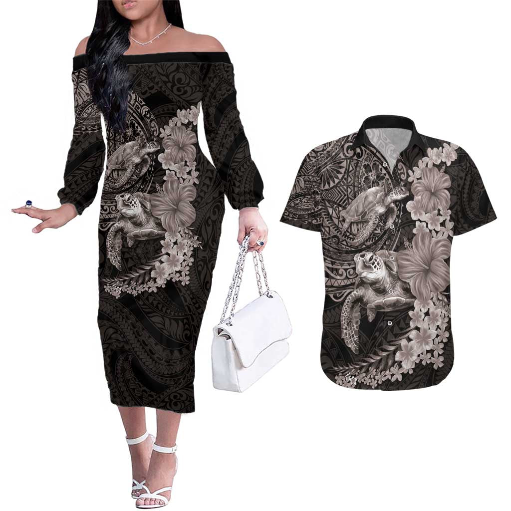 Hawaiian Plumeria and Hibiscus with Turtles Couples Matching Off The Shoulder Long Sleeve Dress and Hawaiian Shirt Polynesian Art Grayscale - Polynesian Pride