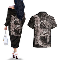 Hawaiian Plumeria and Hibiscus with Turtles Couples Matching Off The Shoulder Long Sleeve Dress and Hawaiian Shirt Polynesian Art Grayscale - Polynesian Pride