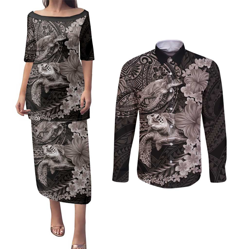 Hawaiian Plumeria and Hibiscus with Turtles Couples Matching Puletasi and Long Sleeve Button Shirt Polynesian Art Grayscale - Polynesian Pride