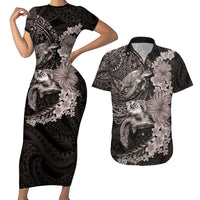 Hawaiian Plumeria and Hibiscus with Turtles Couples Matching Short Sleeve Bodycon Dress and Hawaiian Shirt Polynesian Art Grayscale - Polynesian Pride