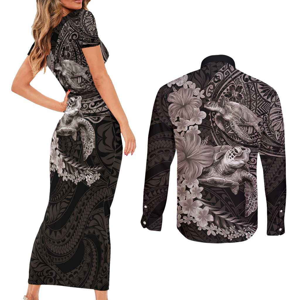Hawaiian Plumeria and Hibiscus with Turtles Couples Matching Short Sleeve Bodycon Dress and Long Sleeve Button Shirt Polynesian Art Grayscale - Polynesian Pride