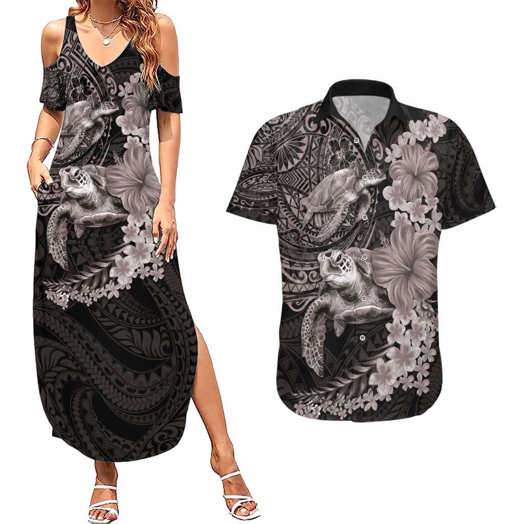 Hawaiian Plumeria and Hibiscus with Turtles Couples Matching Summer Maxi Dress and Hawaiian Shirt Polynesian Art Grayscale - Polynesian Pride