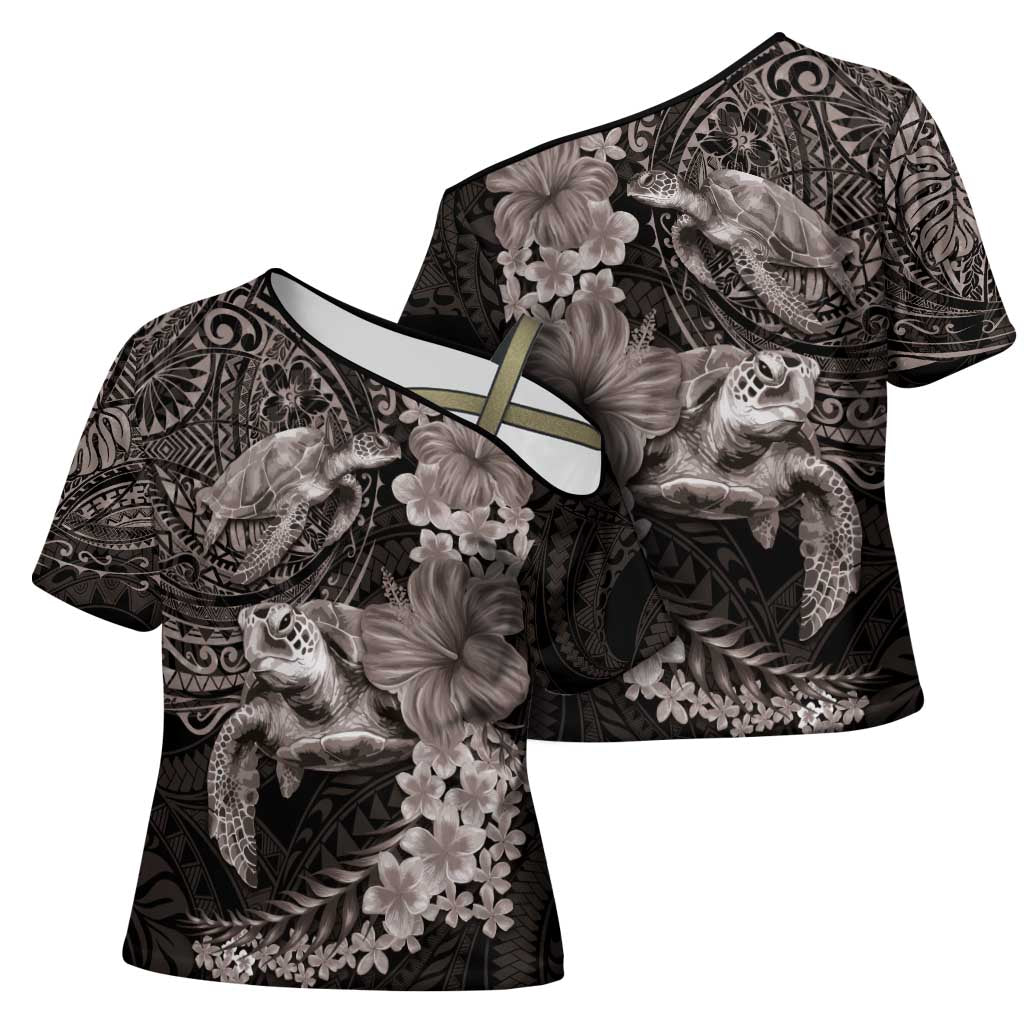 Hawaiian Plumeria and Hibiscus with Turtles Cross Shoulder Shirt Polynesian Art Grayscale - Polynesian Pride