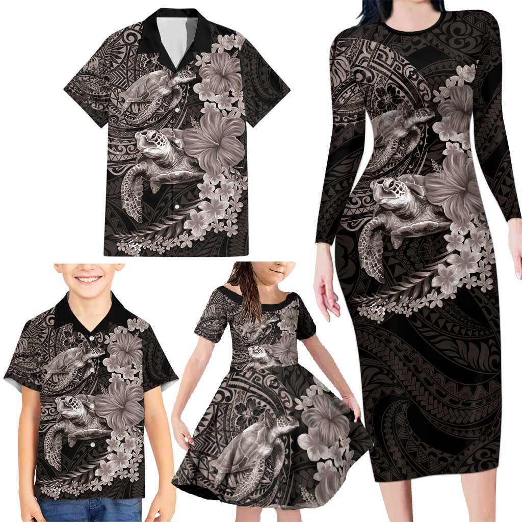 Hawaiian Plumeria and Hibiscus with Turtles Family Matching Long Sleeve Bodycon Dress and Hawaiian Shirt Polynesian Art Grayscale - Polynesian Pride