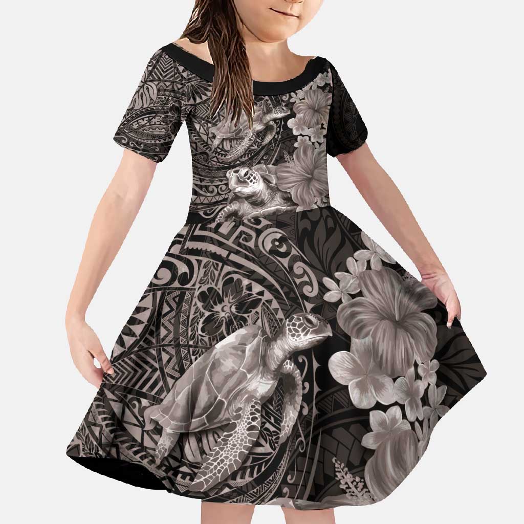 Hawaiian Plumeria and Hibiscus with Turtles Family Matching Mermaid Dress and Hawaiian Shirt Polynesian Art Grayscale - Polynesian Pride