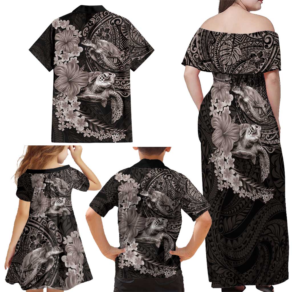 Hawaiian Plumeria and Hibiscus with Turtles Family Matching Off Shoulder Maxi Dress and Hawaiian Shirt Polynesian Art Grayscale - Polynesian Pride