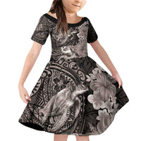 Hawaiian Plumeria and Hibiscus with Turtles Family Matching Off Shoulder Short Dress and Hawaiian Shirt Polynesian Art Grayscale - Polynesian Pride