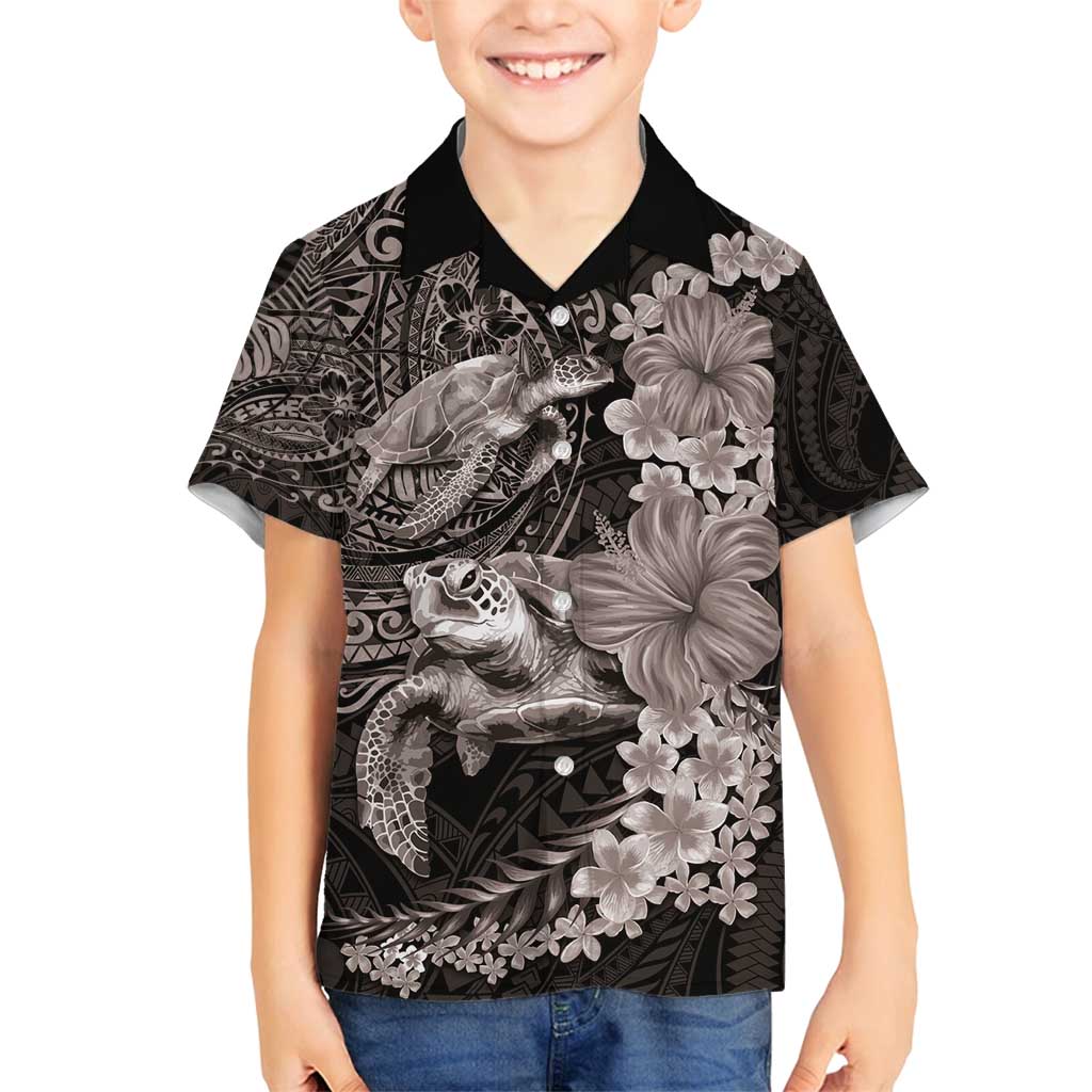 Hawaiian Plumeria and Hibiscus with Turtles Family Matching Off Shoulder Short Dress and Hawaiian Shirt Polynesian Art Grayscale - Polynesian Pride