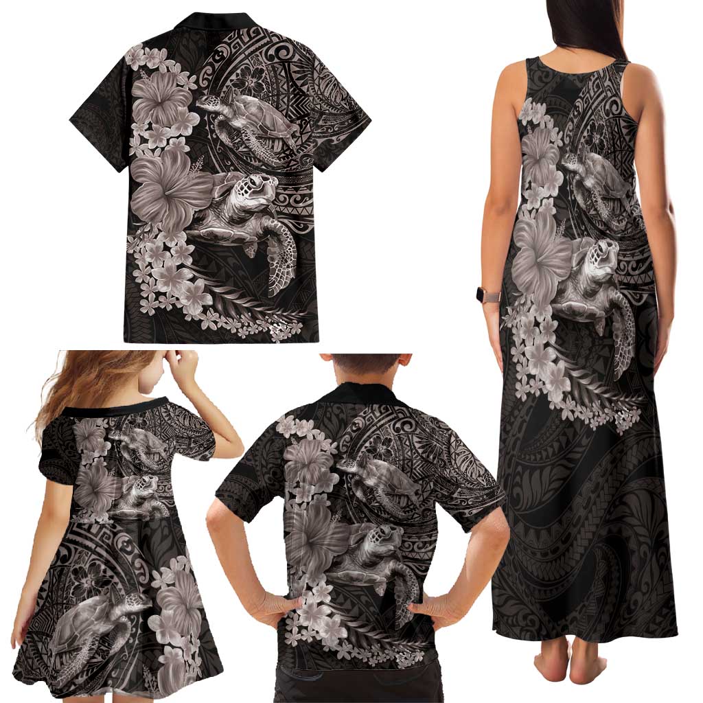 Hawaiian Plumeria and Hibiscus with Turtles Family Matching Tank Maxi Dress and Hawaiian Shirt Polynesian Art Grayscale - Polynesian Pride