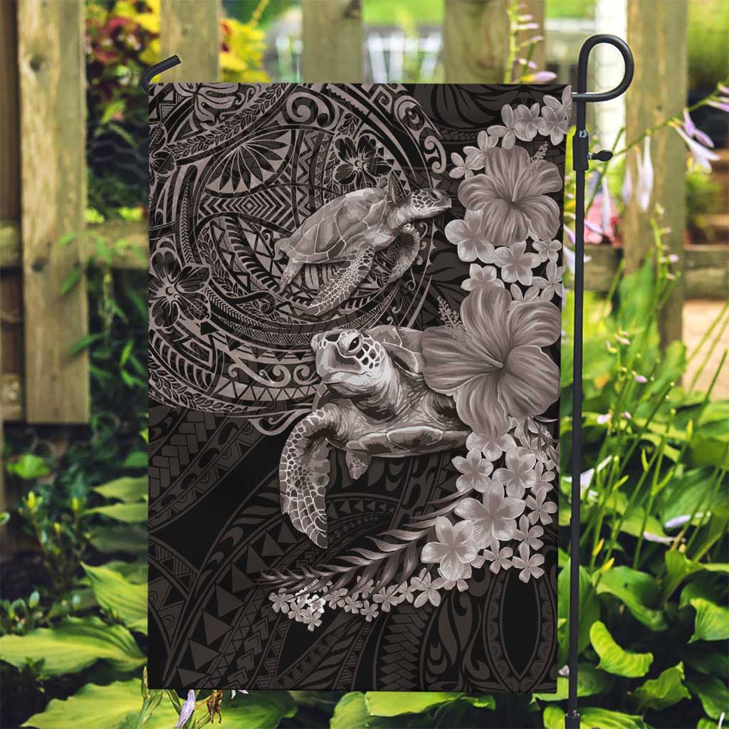 Hawaiian Plumeria and Hibiscus with Turtles Garden Flag Polynesian Art Grayscale - Polynesian Pride