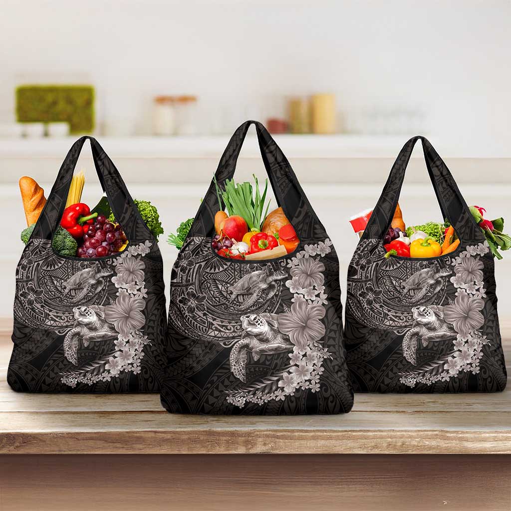 Hawaiian Plumeria and Hibiscus with Turtles Grocery Bag Polynesian Art Grayscale - Polynesian Pride