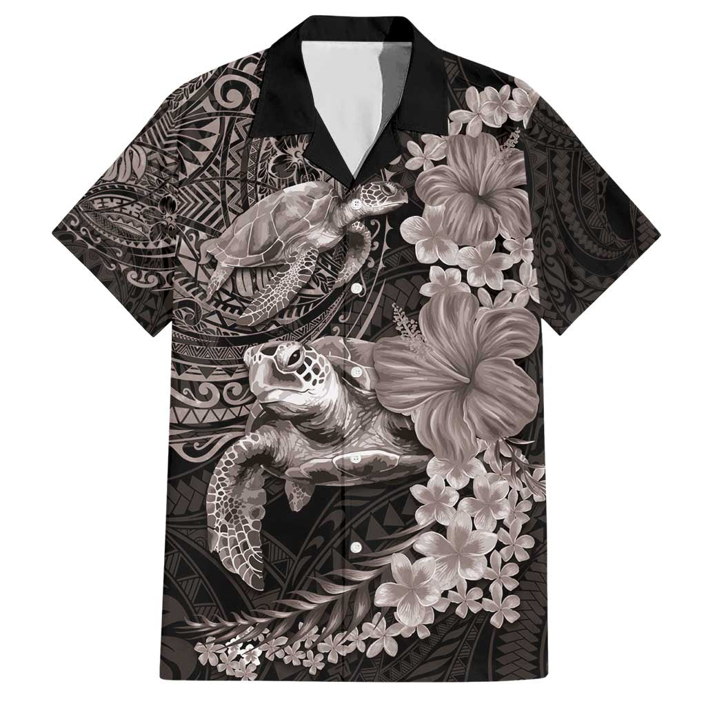 Hawaiian Plumeria and Hibiscus with Turtles Hawaiian Shirt Polynesian Art Grayscale - Polynesian Pride
