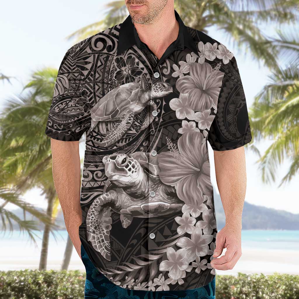 Hawaiian Plumeria and Hibiscus with Turtles Hawaiian Shirt Polynesian Art Grayscale - Polynesian Pride