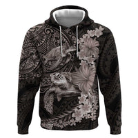 Hawaiian Plumeria and Hibiscus with Turtles Hoodie Polynesian Art Grayscale - Polynesian Pride