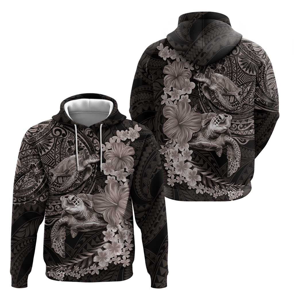 Hawaiian Plumeria and Hibiscus with Turtles Hoodie Polynesian Art Grayscale - Polynesian Pride
