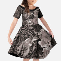 Hawaiian Plumeria and Hibiscus with Turtles Kid Short Sleeve Dress Polynesian Art Grayscale - Polynesian Pride