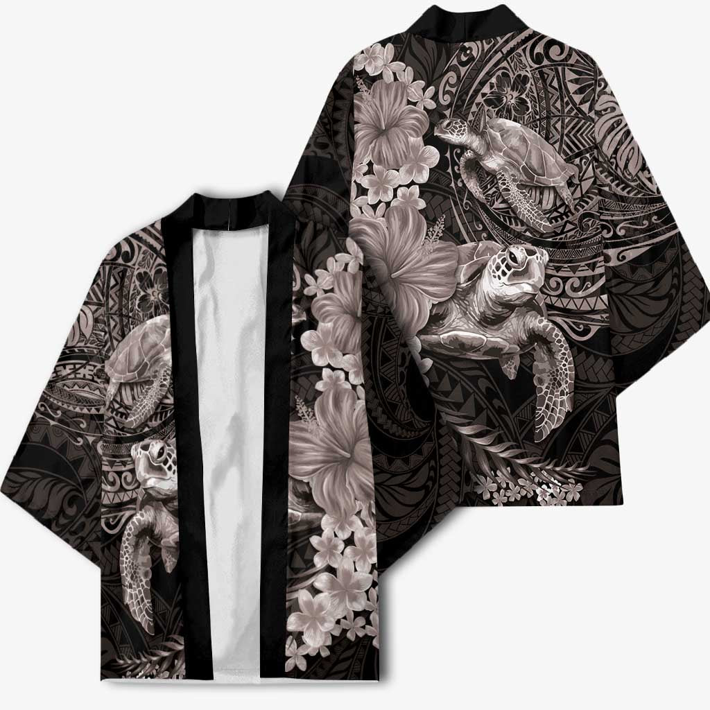 Hawaiian Plumeria and Hibiscus with Turtles Kimono Polynesian Art Grayscale - Polynesian Pride