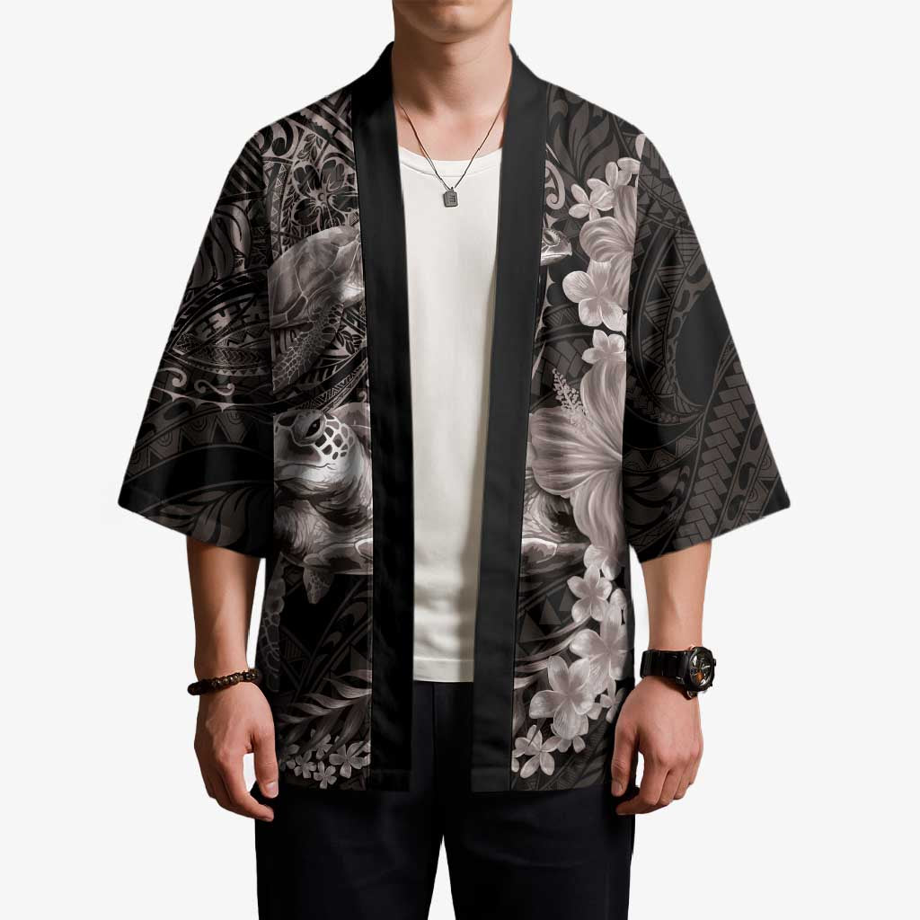 Hawaiian Plumeria and Hibiscus with Turtles Kimono Polynesian Art Grayscale - Polynesian Pride