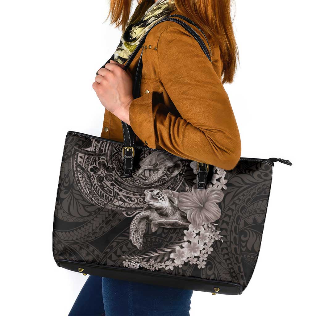 Hawaiian Plumeria and Hibiscus with Turtles Leather Tote Bag Polynesian Art Grayscale - Polynesian Pride