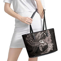 Hawaiian Plumeria and Hibiscus with Turtles Leather Tote Bag Polynesian Art Grayscale - Polynesian Pride