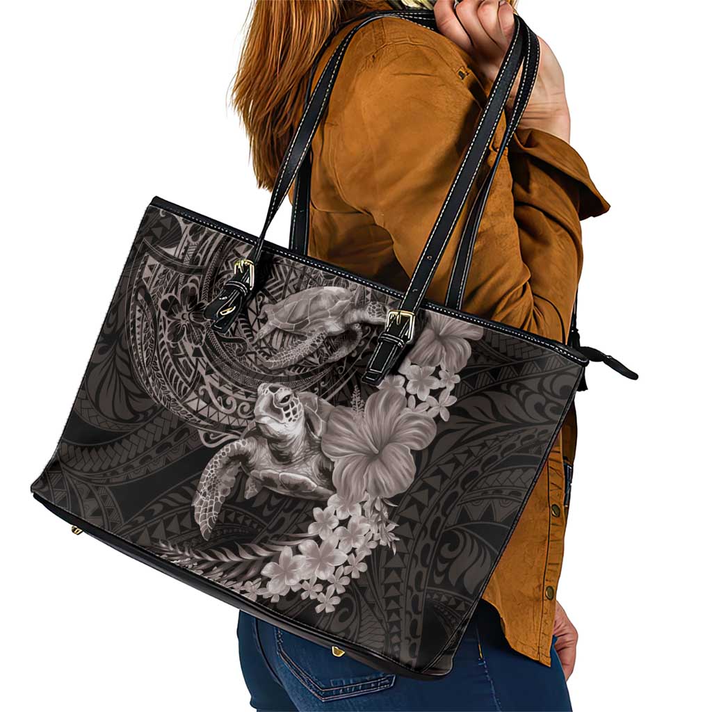 Hawaiian Plumeria and Hibiscus with Turtles Leather Tote Bag Polynesian Art Grayscale - Polynesian Pride