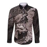 Hawaiian Plumeria and Hibiscus with Turtles Long Sleeve Button Shirt Polynesian Art Grayscale - Polynesian Pride