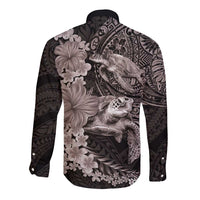 Hawaiian Plumeria and Hibiscus with Turtles Long Sleeve Button Shirt Polynesian Art Grayscale - Polynesian Pride