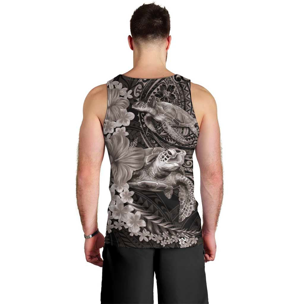 Hawaiian Plumeria and Hibiscus with Turtles Men Tank Top Polynesian Art Grayscale - Polynesian Pride