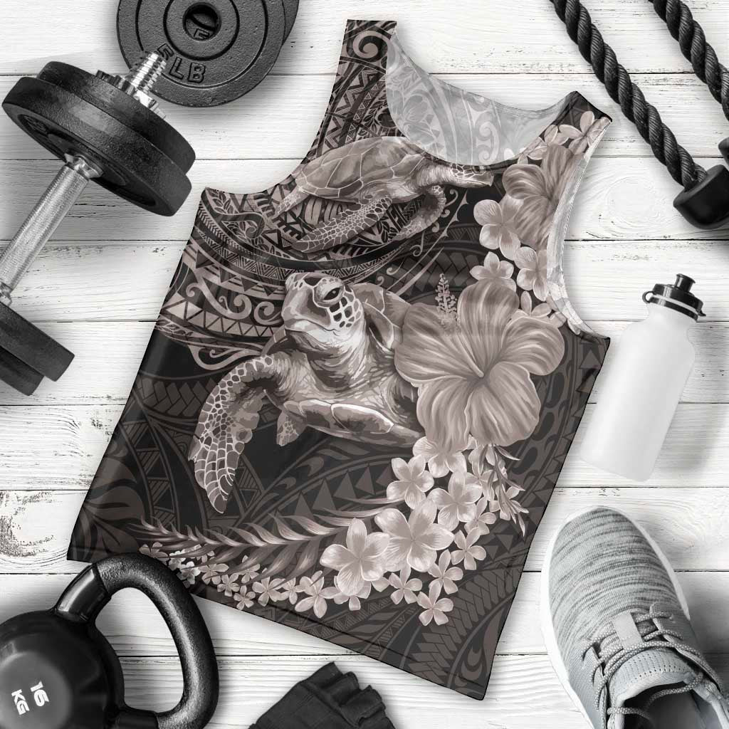 Hawaiian Plumeria and Hibiscus with Turtles Men Tank Top Polynesian Art Grayscale - Polynesian Pride