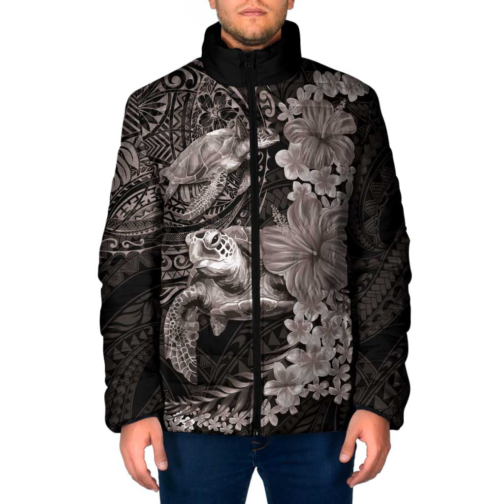 Hawaiian Plumeria and Hibiscus with Turtles Padded Jacket Polynesian Art Grayscale - Polynesian Pride