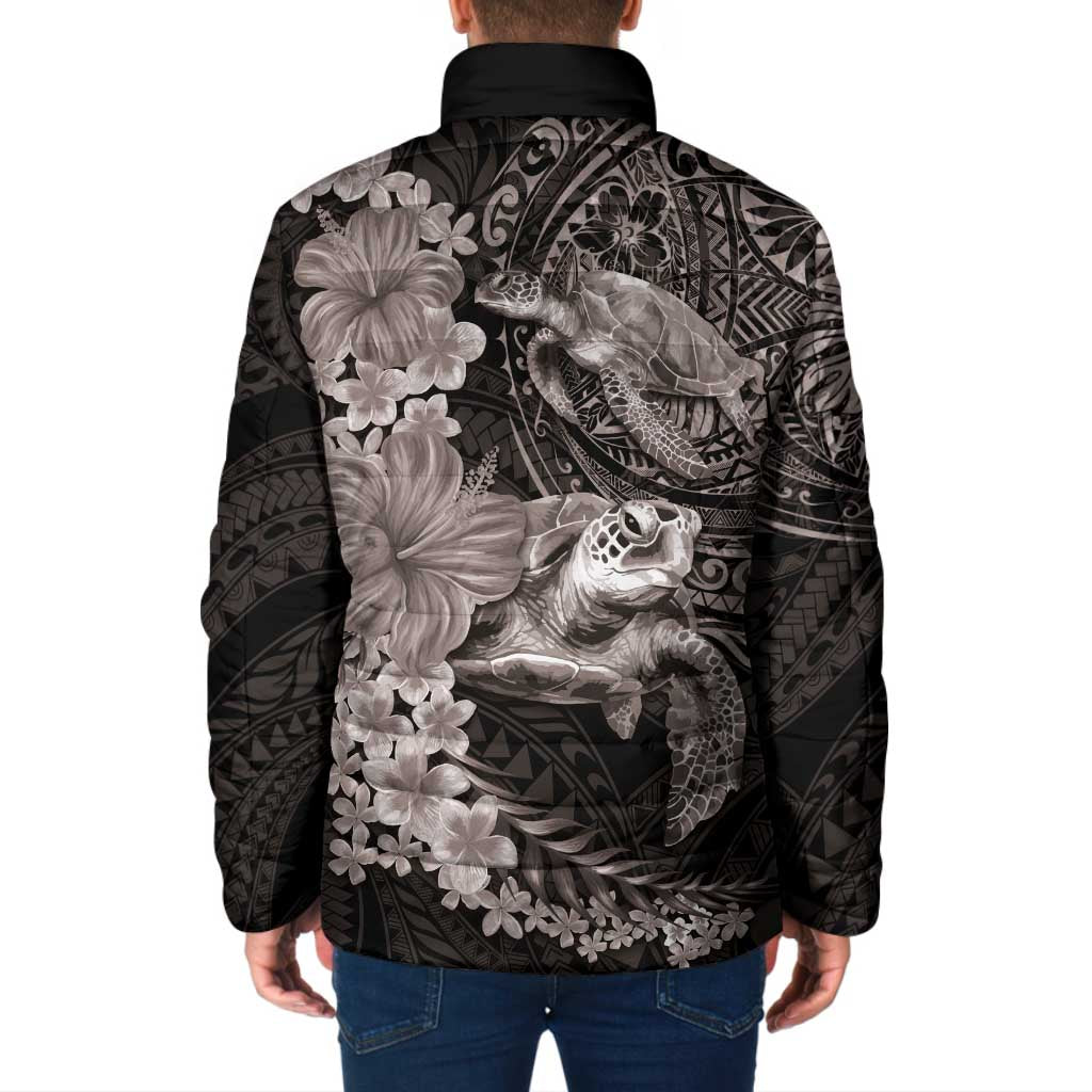 Hawaiian Plumeria and Hibiscus with Turtles Padded Jacket Polynesian Art Grayscale - Polynesian Pride