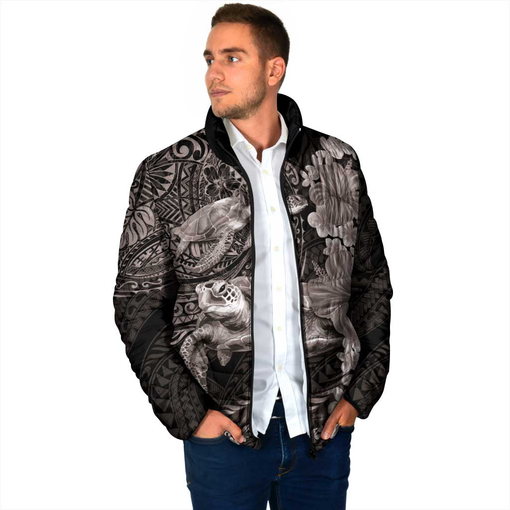 Hawaiian Plumeria and Hibiscus with Turtles Padded Jacket Polynesian Art Grayscale - Polynesian Pride
