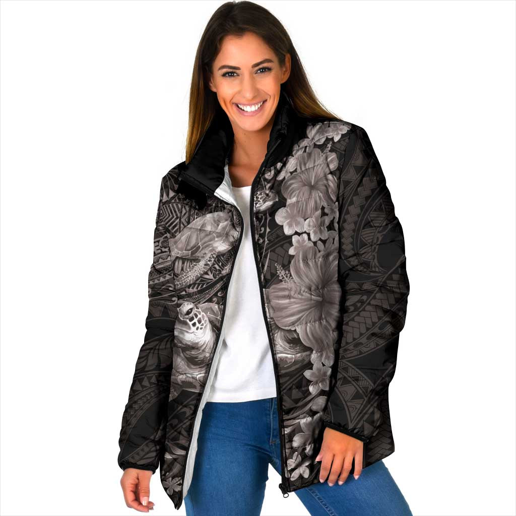 Hawaiian Plumeria and Hibiscus with Turtles Padded Jacket Polynesian Art Grayscale - Polynesian Pride