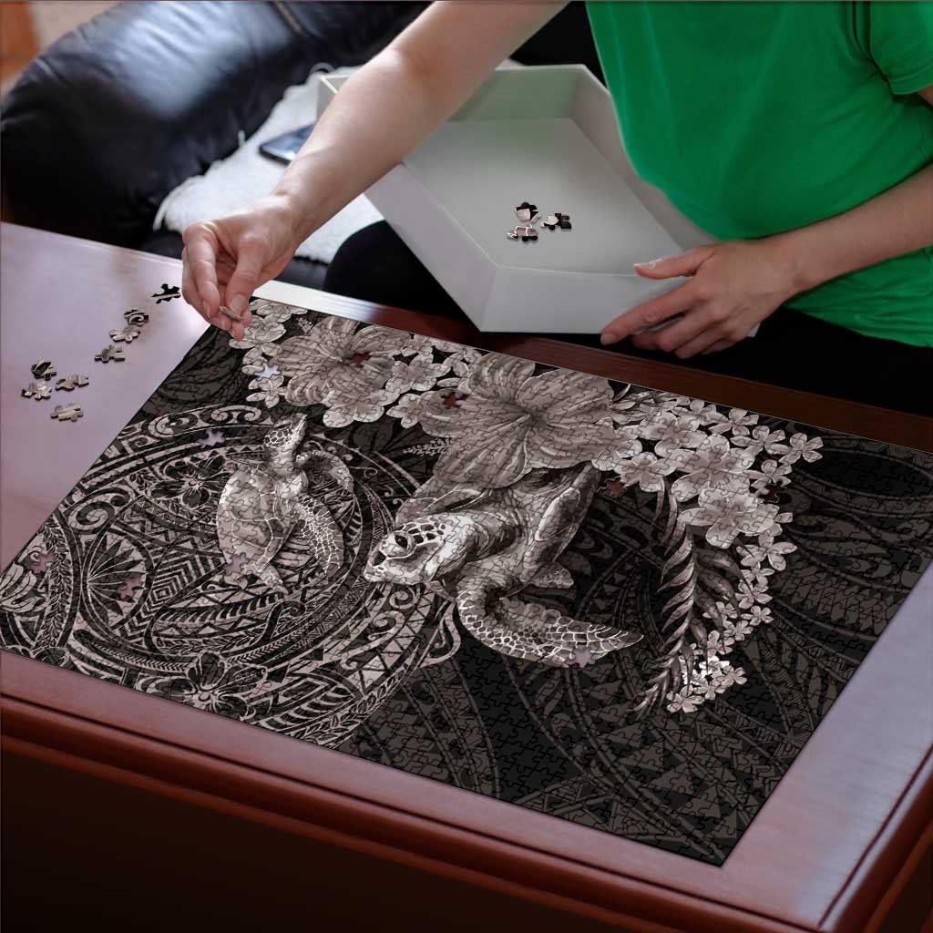 Hawaiian Plumeria and Hibiscus with Turtles Puzzle Polynesian Art Grayscale - Polynesian Pride