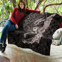 Hawaiian Plumeria and Hibiscus with Turtles Quilt Polynesian Art Grayscale - Polynesian Pride