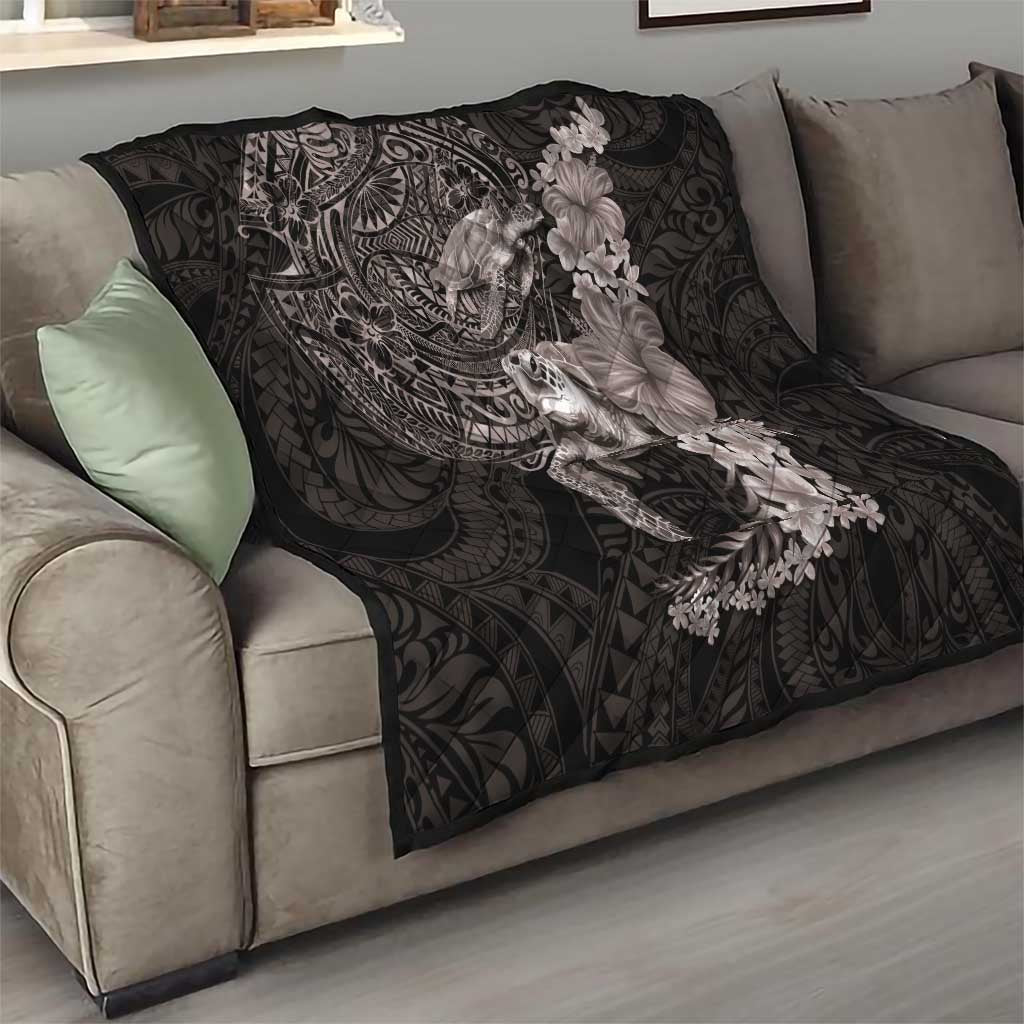 Hawaiian Plumeria and Hibiscus with Turtles Quilt Polynesian Art Grayscale - Polynesian Pride