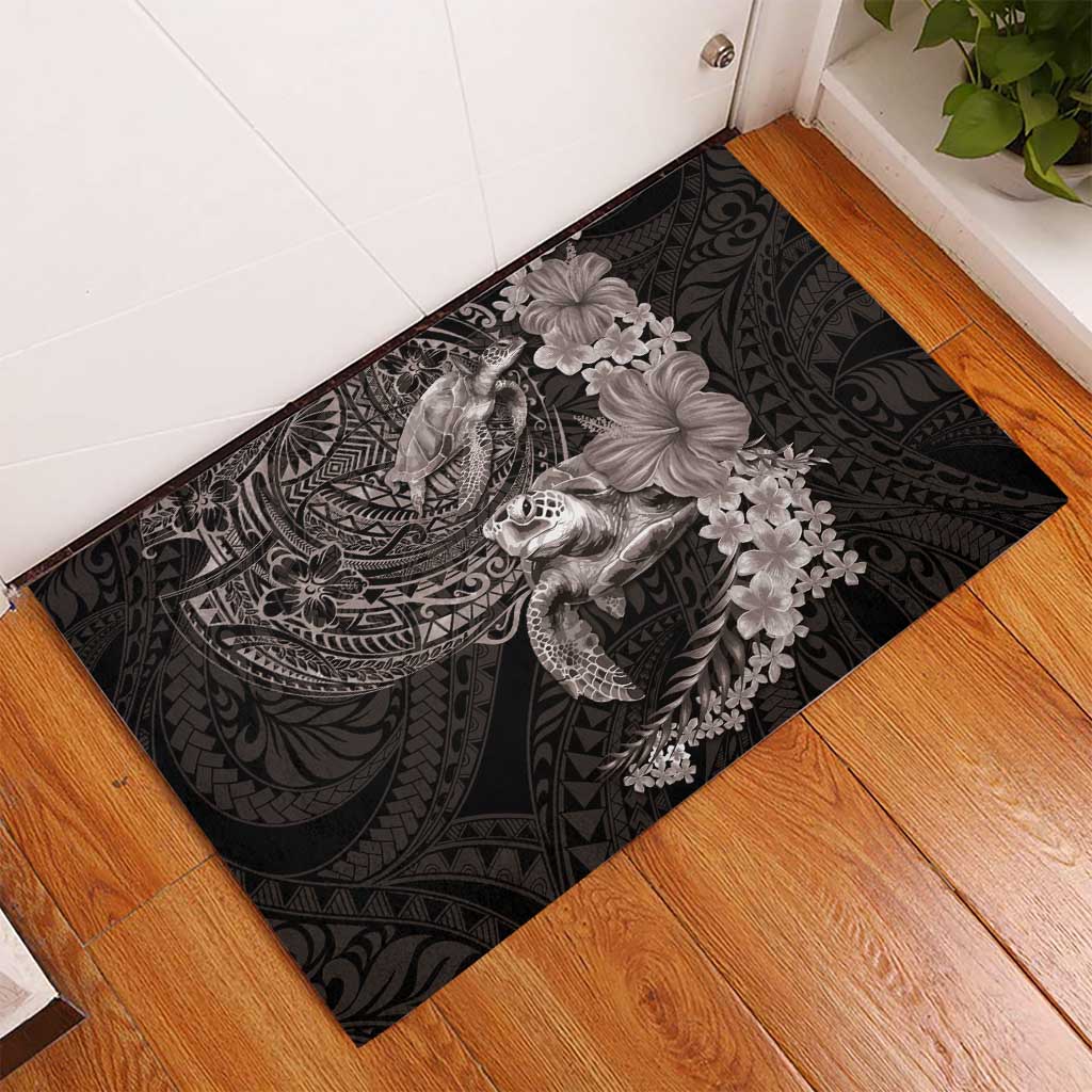 Hawaiian Plumeria and Hibiscus with Turtles Rubber Doormat Polynesian Art Grayscale - Polynesian Pride