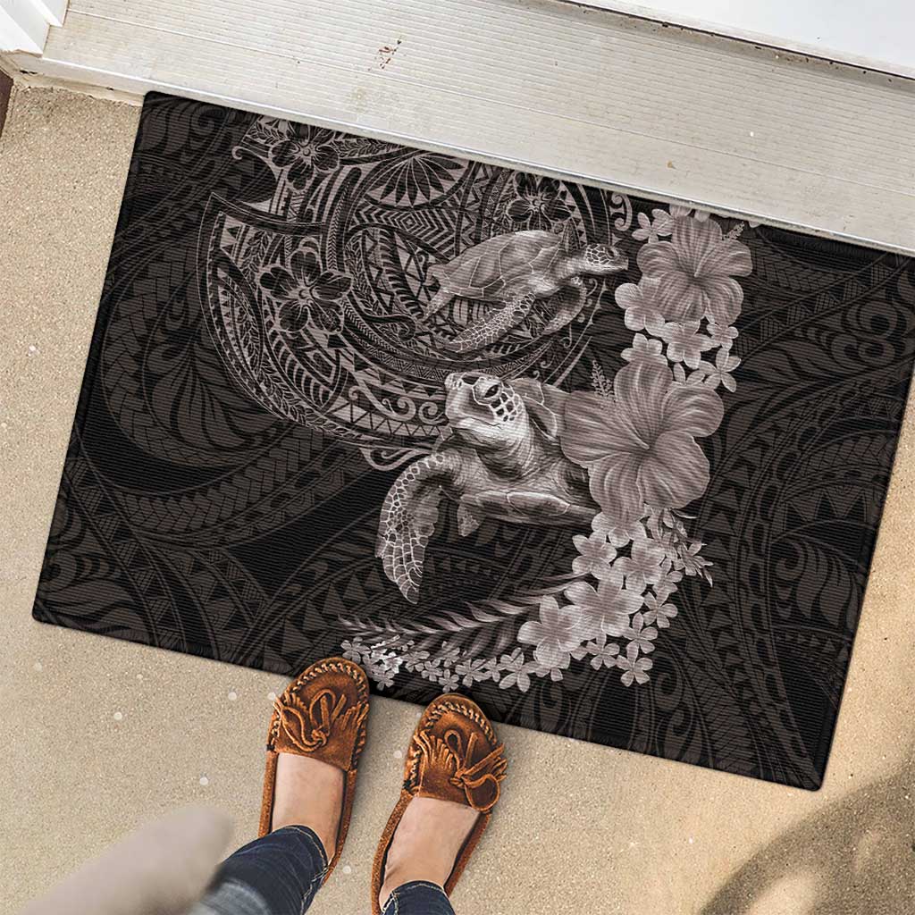 Hawaiian Plumeria and Hibiscus with Turtles Rubber Doormat Polynesian Art Grayscale - Polynesian Pride