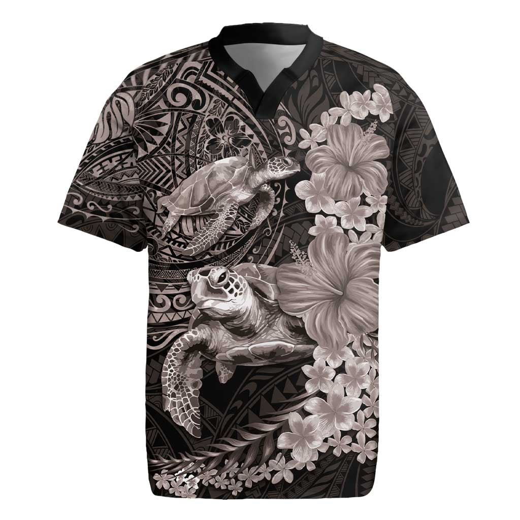 Hawaiian Plumeria and Hibiscus with Turtles Rugby Jersey Polynesian Art Grayscale - Polynesian Pride
