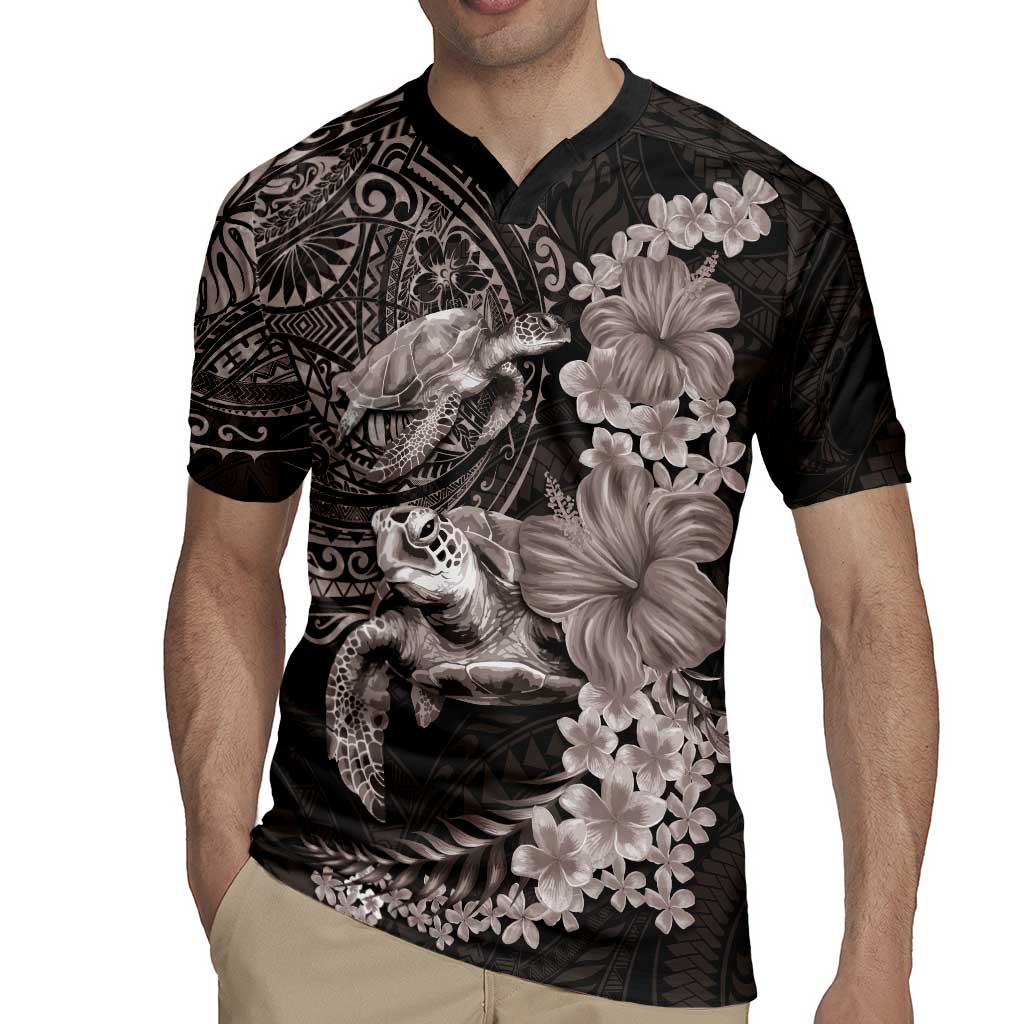 Hawaiian Plumeria and Hibiscus with Turtles Rugby Jersey Polynesian Art Grayscale - Polynesian Pride