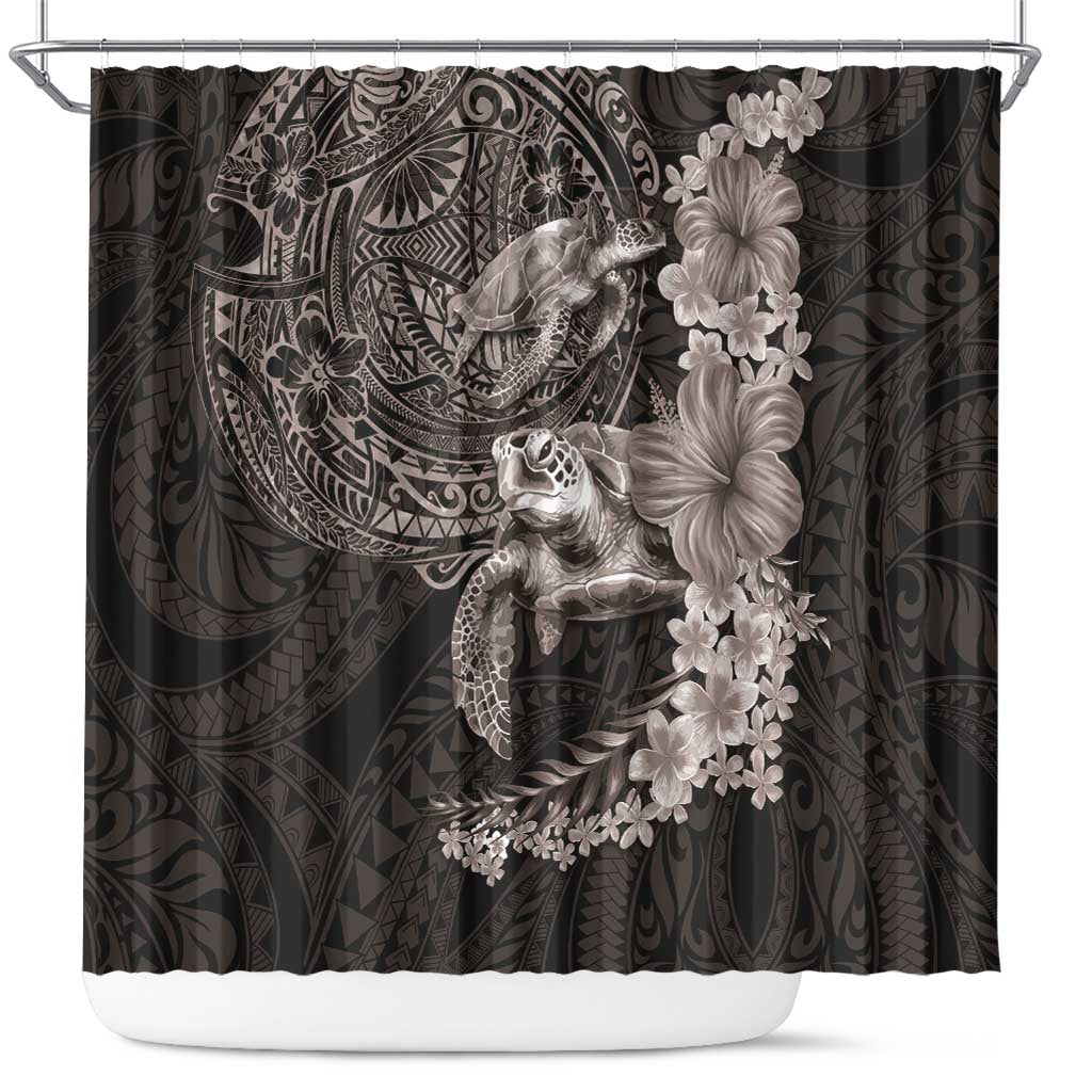 Hawaiian Plumeria and Hibiscus with Turtles Shower Curtain Polynesian Art Grayscale - Polynesian Pride