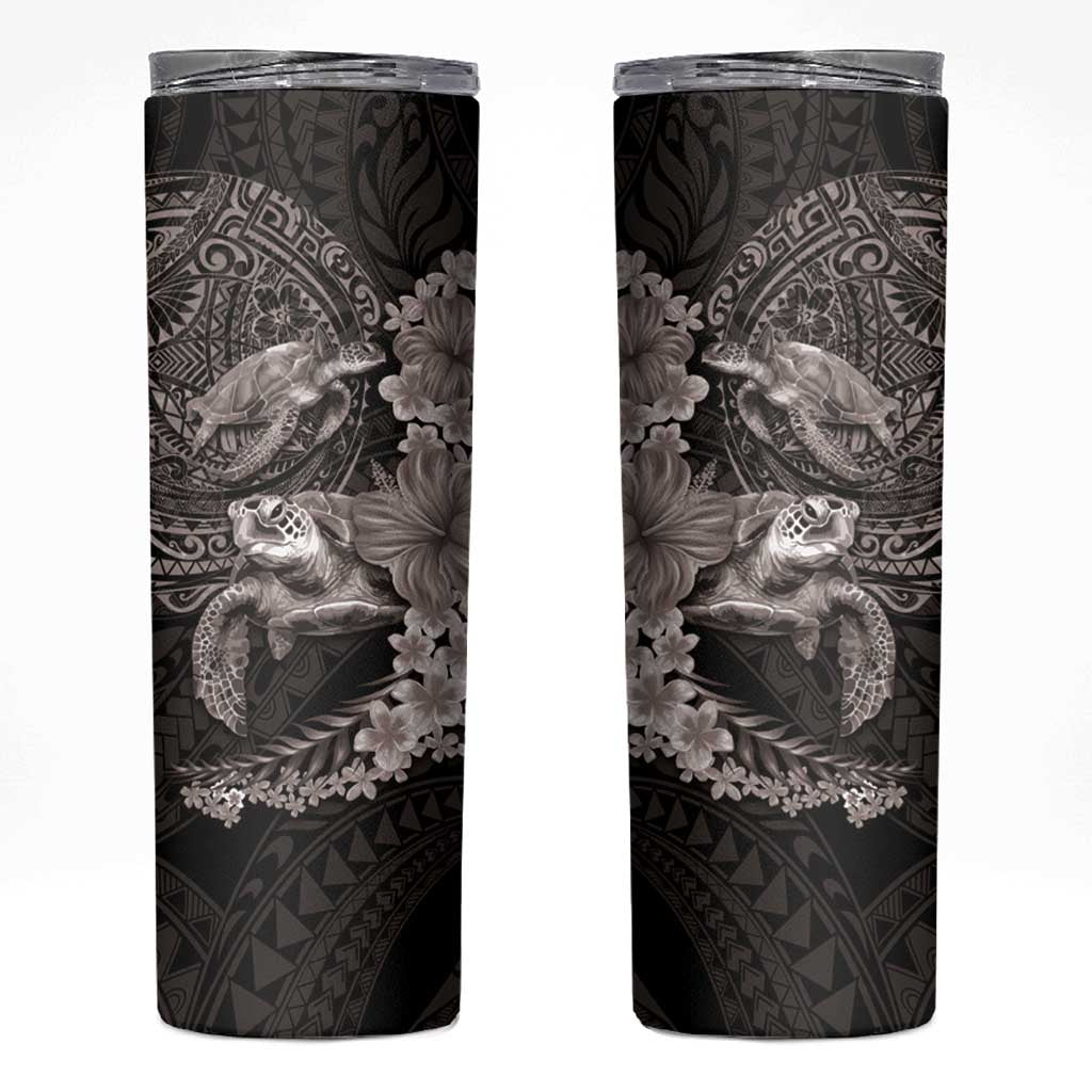 Hawaiian Plumeria and Hibiscus with Turtles Skinny Tumbler Polynesian Art Grayscale - Polynesian Pride