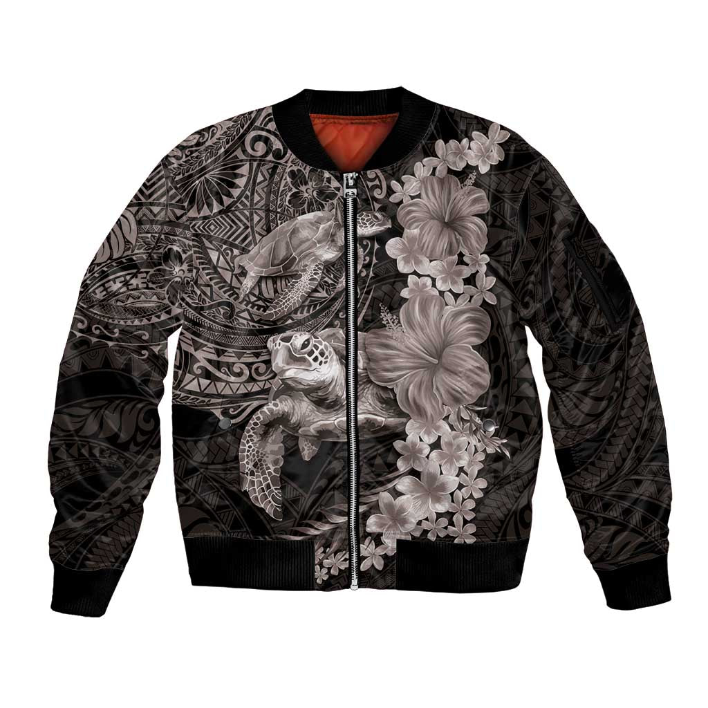 Hawaiian Plumeria and Hibiscus with Turtles Sleeve Zip Bomber Jacket Polynesian Art Grayscale - Polynesian Pride