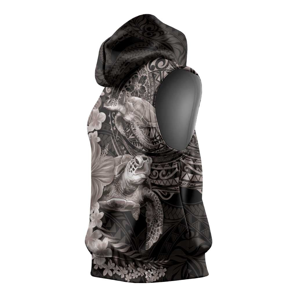 Hawaiian Plumeria and Hibiscus with Turtles Sleeveless Hoodie Polynesian Art Grayscale - Polynesian Pride
